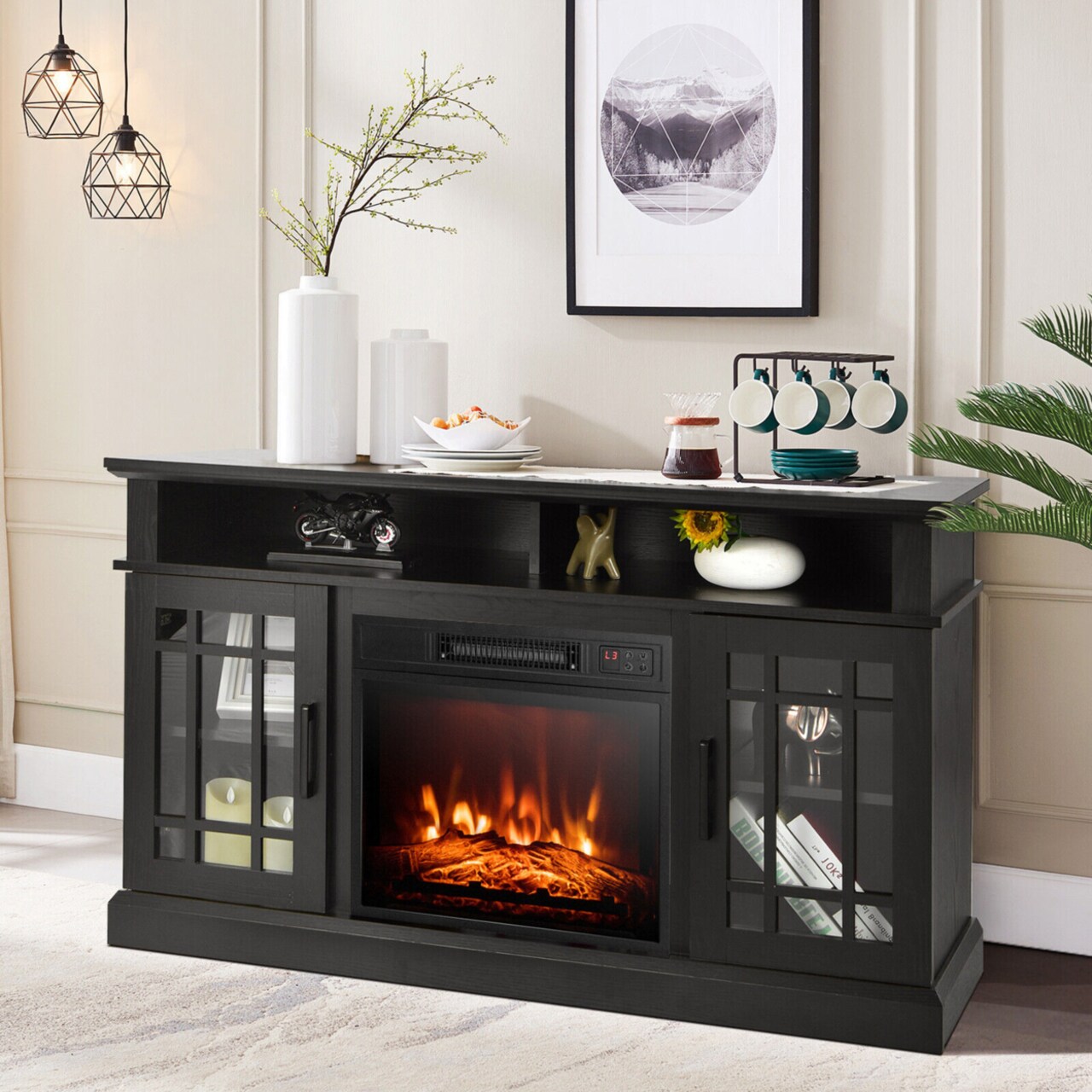 48" Tv Stand Console Cabinet W/ Fireplace Entertainment Center For Living Room